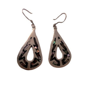 VTG Taxco Sterling Silver & Abalone Inlay Teardrop Pear Shape Earrings 1.9”